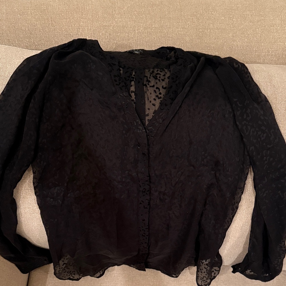 Theory Elegant Black Sheer Women's Top with leopard imprint